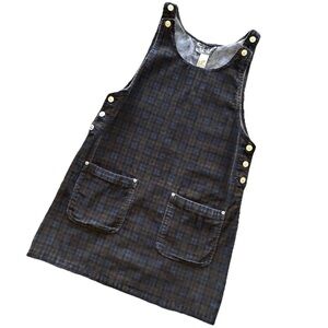 Vintage True Blue Corduroy Jumper Dress M Plaid Button Side Pinafore Cotton